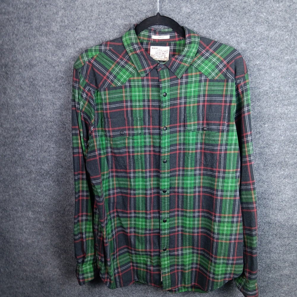 Lucky Brand Trademark Green Plaid Slim Fit Snap Flannel Shirt 7M42324 Mens L